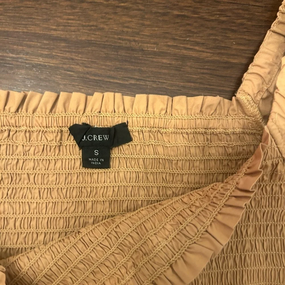 J. Crew Camel Smocked Square-Neck Peplum Blouse with Puff Sleeves